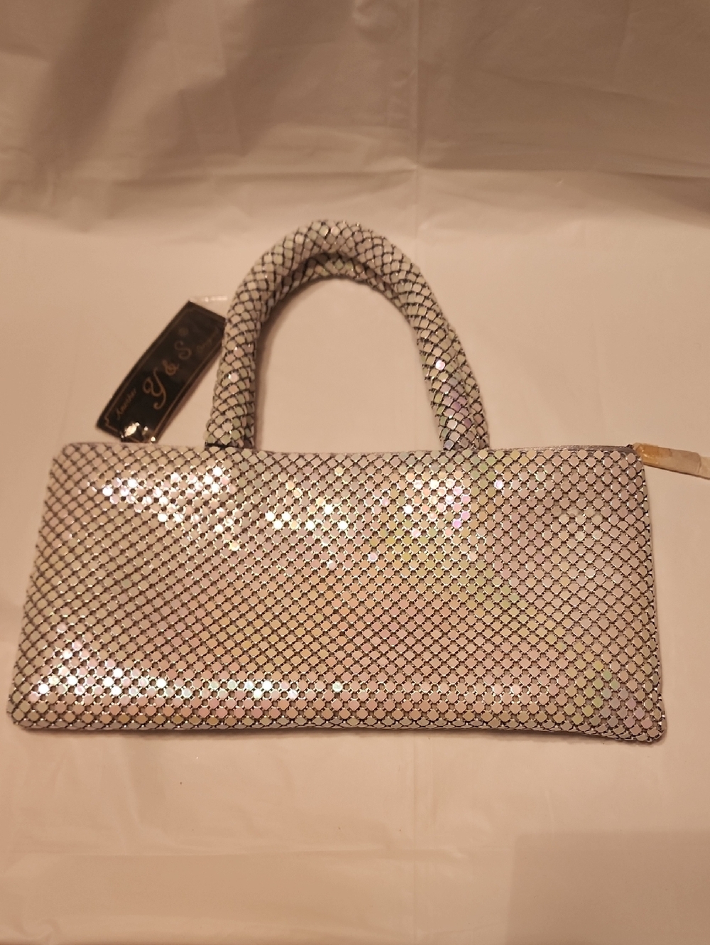 Iridescent White Mesh Handle Clutch